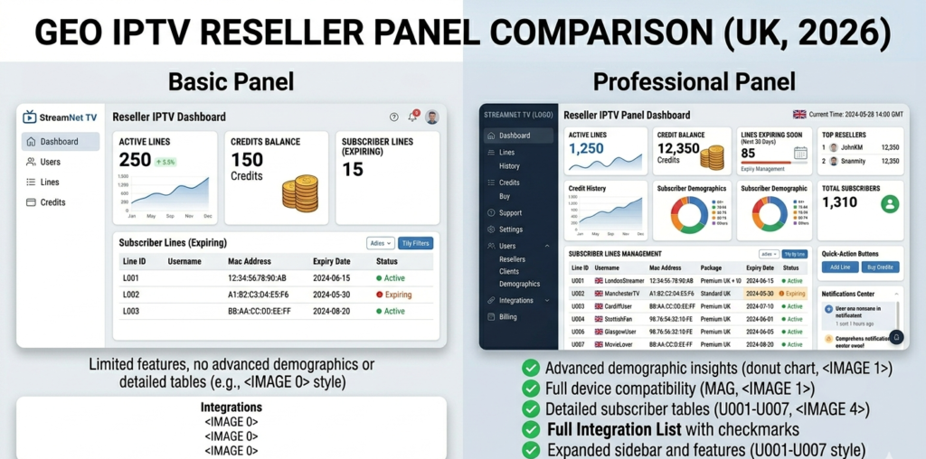 Geo IPTV reseller panel comparison showing feature differences between basic and professional UK reseller panel options in 2026