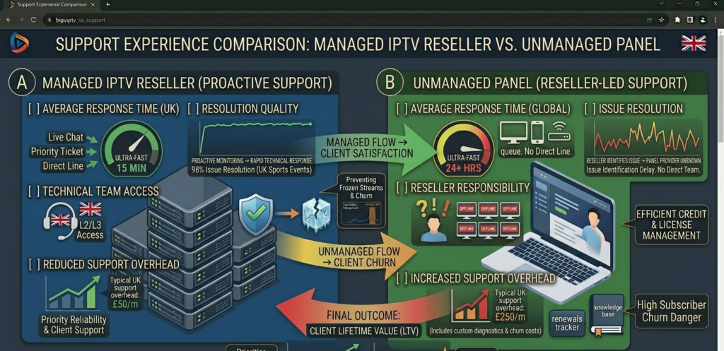 Side-by-side comparison of managed IPTV reseller support experience versus unmanaged panel support showing response time and resolution quality differences