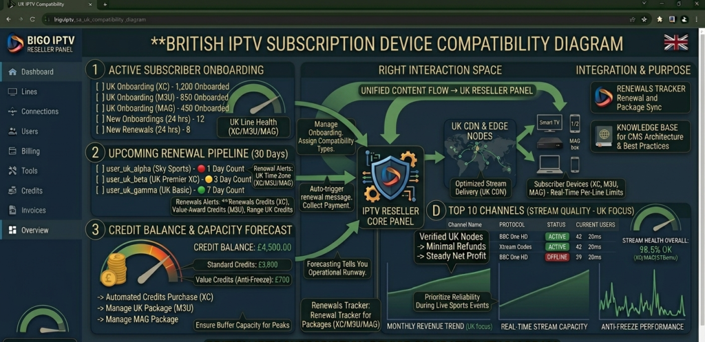British IPTV subscription device compatibility diagram showing MAG box portal setup, STBEmu configuration, TiviMate connection, and M3U player options for UK reseller subscriber onboarding