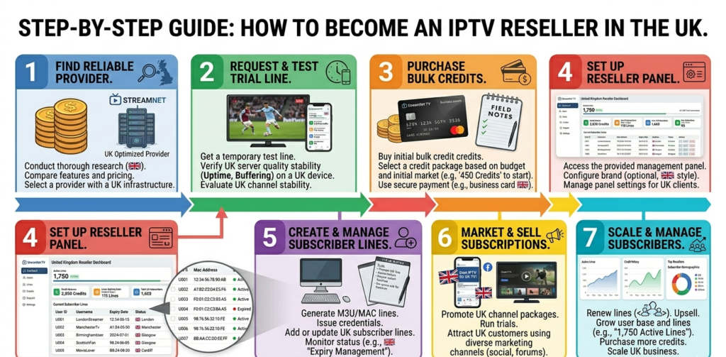 Alt text: "Step by step guide showing how to become an IPTV reseller in the UK from trial testing to scaling subscribers