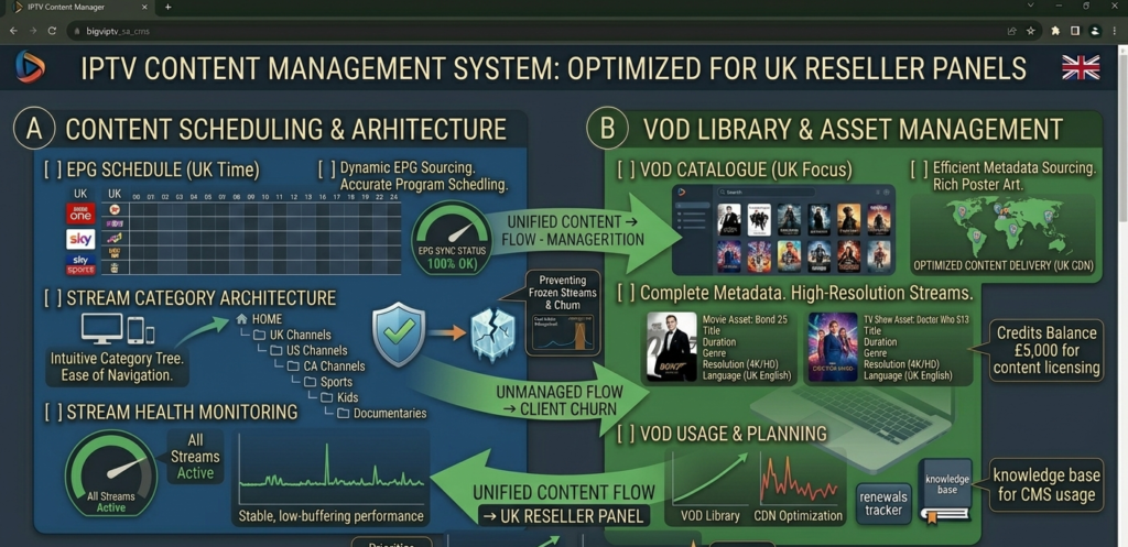 IPTV content management system dashboard showing EPG scheduling, VOD library organisation, and stream category management for UK reseller panels