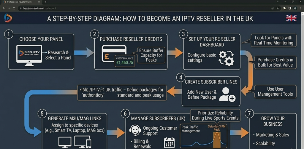Step-by-step diagram showing how to become an IPTV reseller — from panel setup to subscriber management in the UK