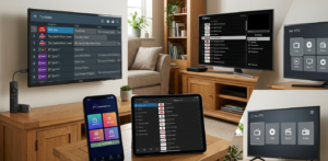 IPTV app comparison overview showing TiviMate, IPTV Smarters Pro, GSE Smart IPTV, STBEmu, and Net IPTV interfaces on different UK subscriber devices including Fire TV stick, iPhone, Samsung smart TV, and Android TV box