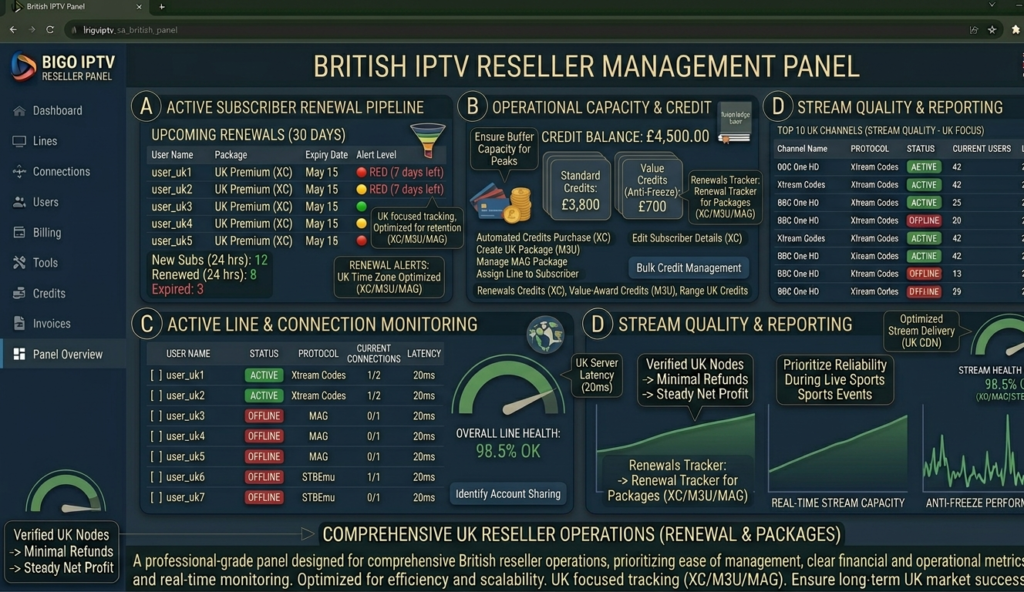 British IPTV reseller panel dashboard showing active UK subscriber lines, credit balance, stream monitoring, and renewal pipeline for a UK-based reseller operation