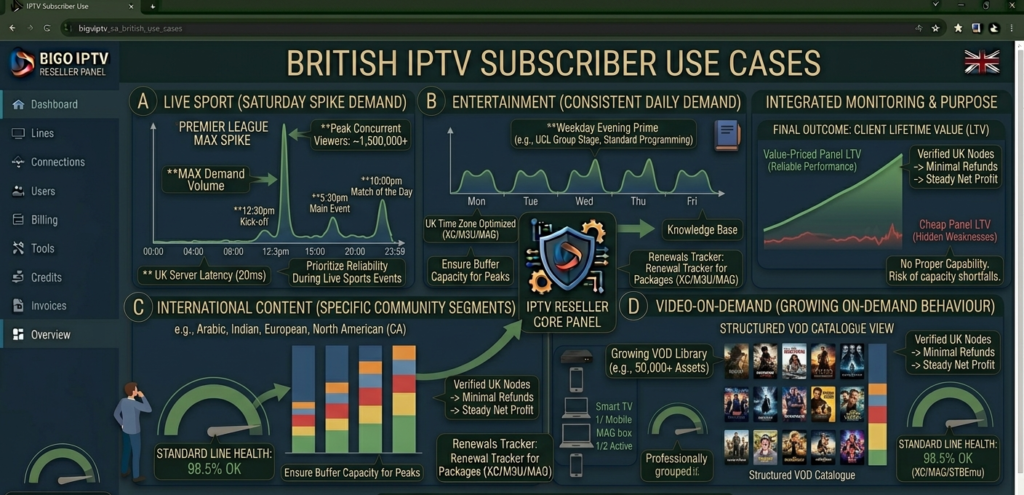 Chart showing UK IPTV subscriber use cases by demand volume — live sport, entertainment, international content, and VOD — illustrating the viewing patterns that British IPTV resellers should plan their infrastructure and content management around