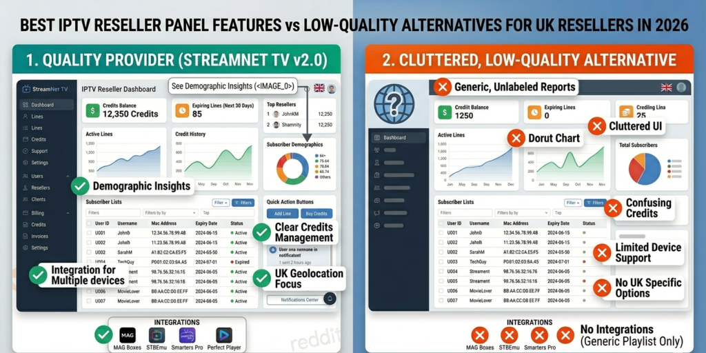 Comparison of best IPTV reseller panel features versus low-quality alternatives for UK resellers in 2026