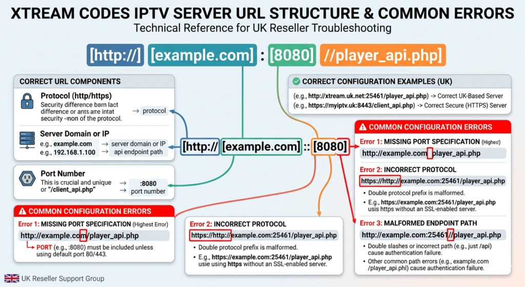 Xtream IPTV server URL structure diagram showing correct format with server address, port number, and API endpoint — with common configuration errors highlighted for UK reseller subscriber troubleshooting