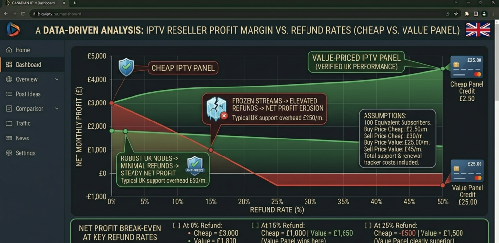 Graph showing how IPTV reseller profit margin changes with different refund rates at equivalent subscriber counts — cheap panel vs value panel comparison"