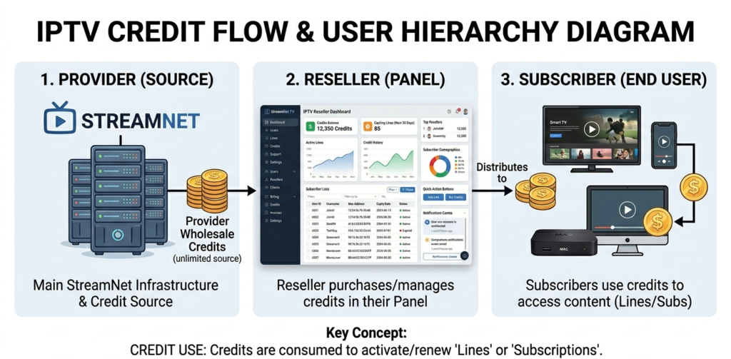 IPTV reseller panel credit flow diagram showing how wholesale credits move from provider to reseller to end subscriber