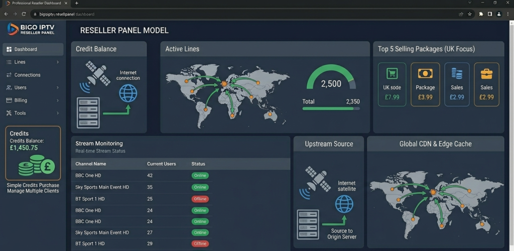 Best IPTV reseller panel dashboard showing active lines, credit balance, and stream monitoring for UK operators