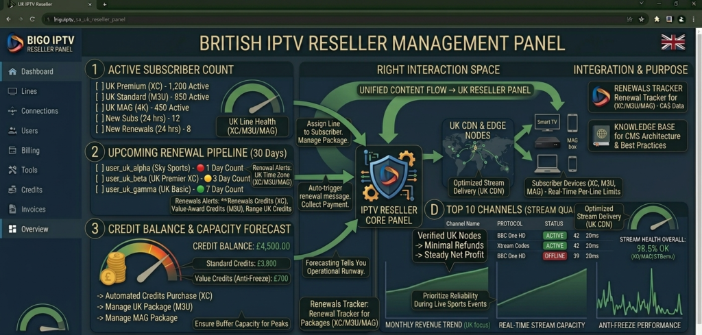 UK IPTV subscription reseller dashboard showing active subscriber count, monthly renewal pipeline, credit balance, and stream quality monitoring for a British IPTV operation