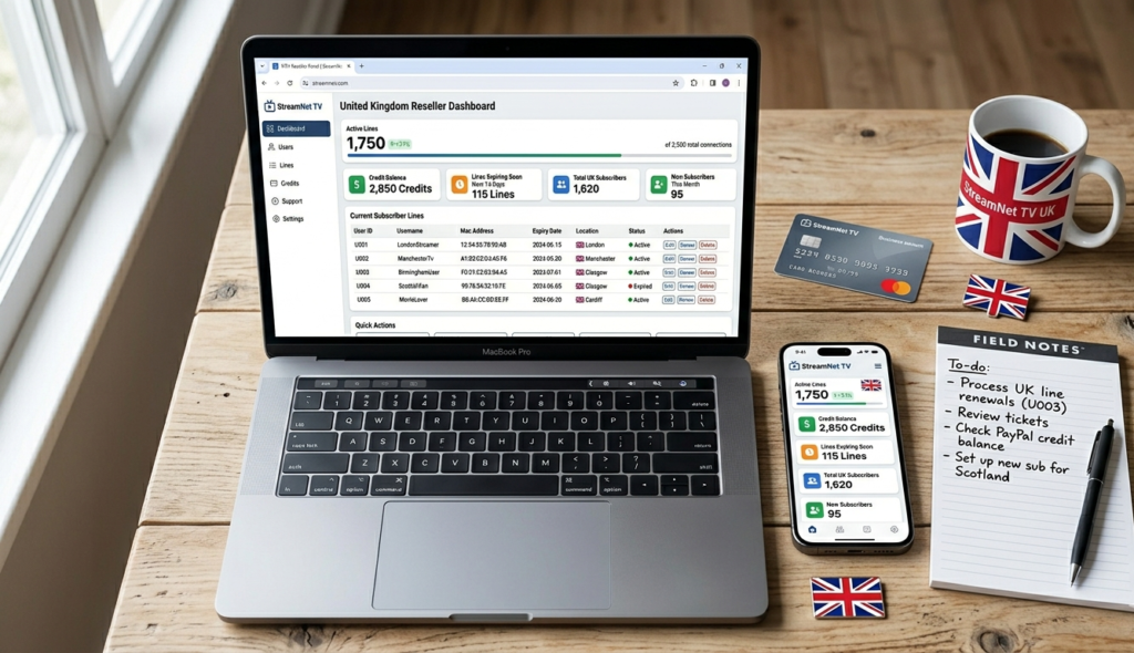 UK IPTV resellers managing subscriber lines and credits through a reseller panel on laptop