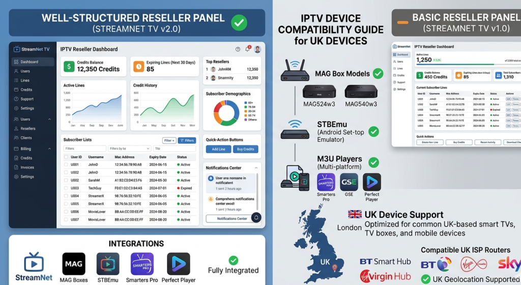 IPTV reseller panel compatibility with MAG boxes, STBEmu, and M3U players on UK devices