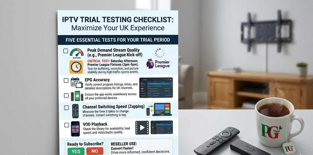 IPTV trial testing checklist for UK subscribers showing five key tests — peak demand stream quality, EPG accuracy, device compatibility, channel switching speed, and VOD playback — with Saturday afternoon Premier League fixture highlighted as optimal test window