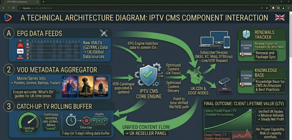 Diagram showing IPTV CMS component architecture including EPG engine, VOD catalogue, catch-up TV management, and category organisation for UK reseller panels