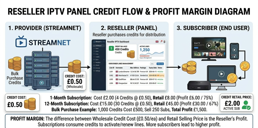 Reseller IPTV panel credit system diagram showing wholesale credit costs, retail pricing, and profit margin for UK operators