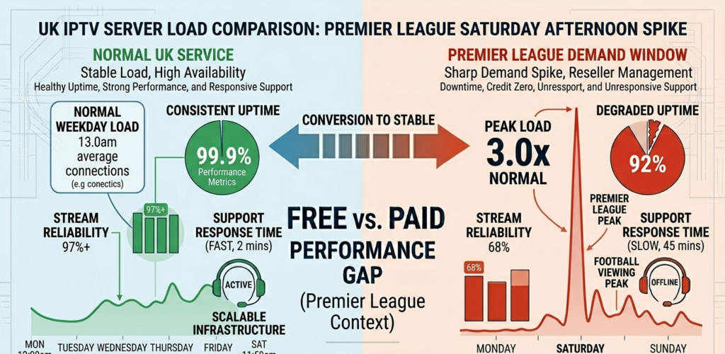IPTV server load graph showing Premier League demand spike on Saturday afternoon