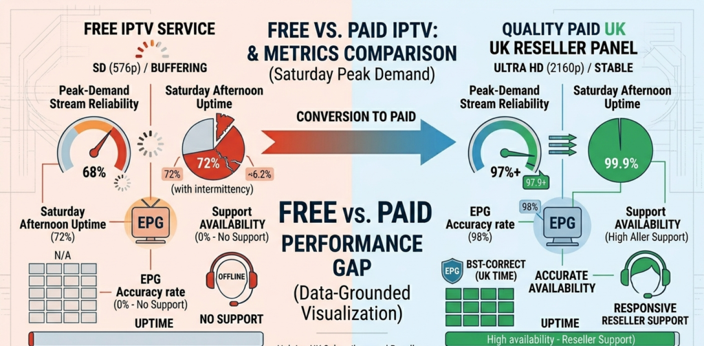 Free IPTV vs paid IPTV performance chart showing stream reliability percentages, Saturday afternoon uptime comparison, EPG accuracy rates, and support availability contrast for UK subscribers making a service choice