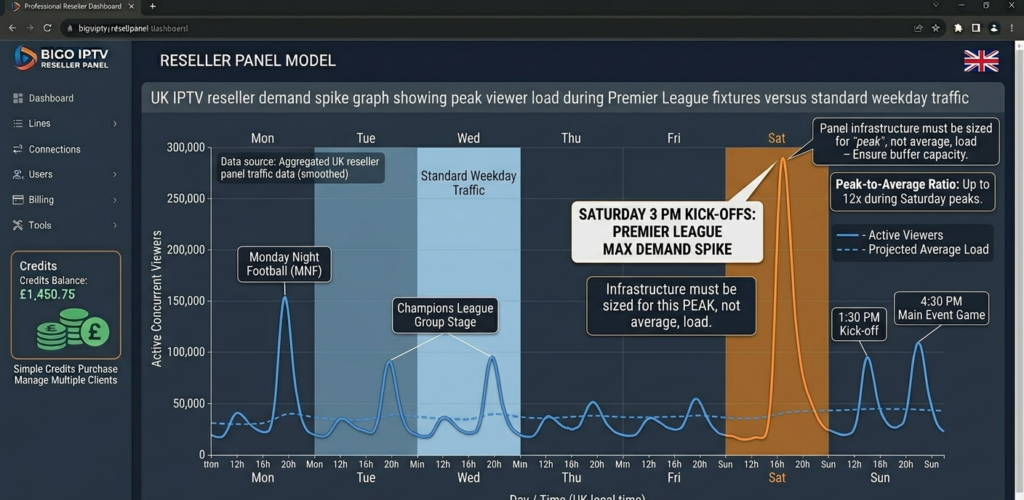 UK IPTV reseller demand spike graph showing peak viewer load during Premier League fixtures versus standard weekday traffic