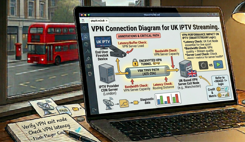 VPN protocol comparison showing latency impact on UK IPTV streaming performance