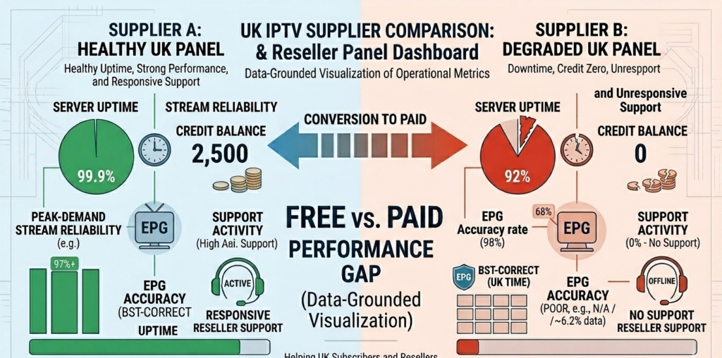 UK IPTV supplier comparison showing server uptime statistics and reseller panel dashboard